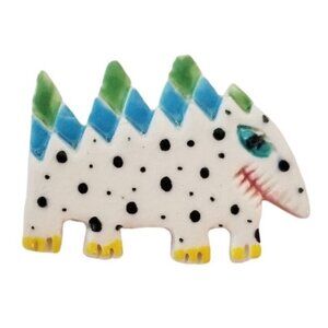 Huey 1982 Glazed Ceramic Blue Green Polka Dot Dinosaur Pin, Signed L52